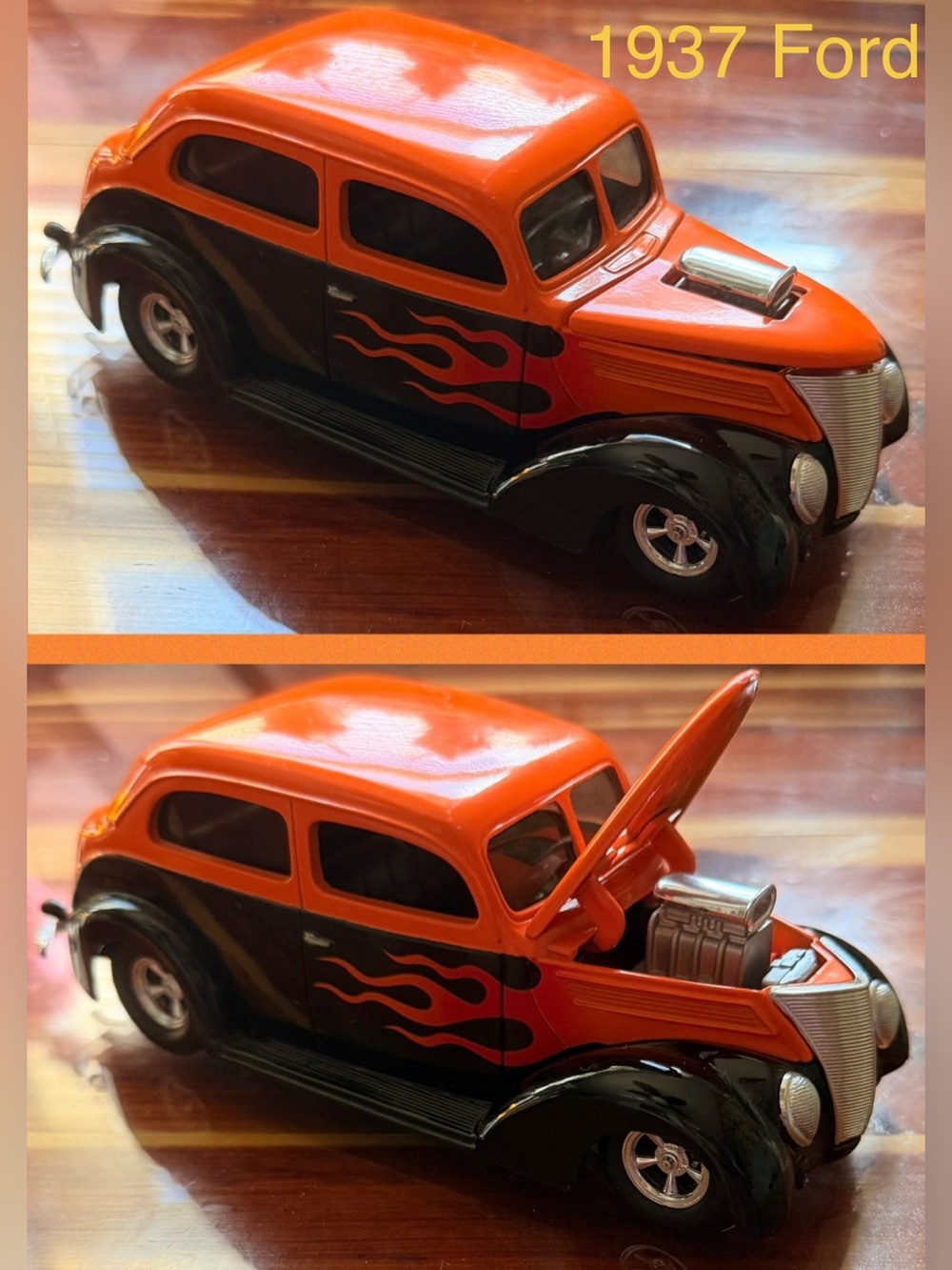 Orange and Black 1937 Ford Toy Car with Flames - Kids Toys